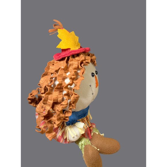 Handmade Scarecrow Plush Doll Shelf Sitter With Red Hat & Plaid Skirt Fall Decor - Picture 5 of 10